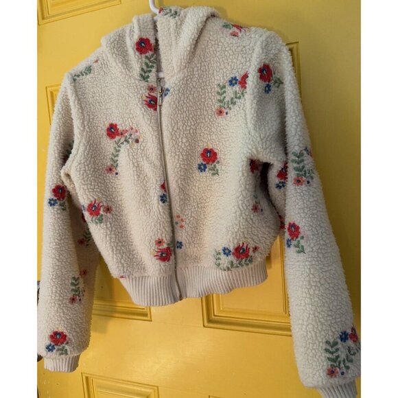 Urban Outfitter Sherpa Jacket Medium Nature Flower Hood Ribbed Waistband Zipper - Picture 9 of 15